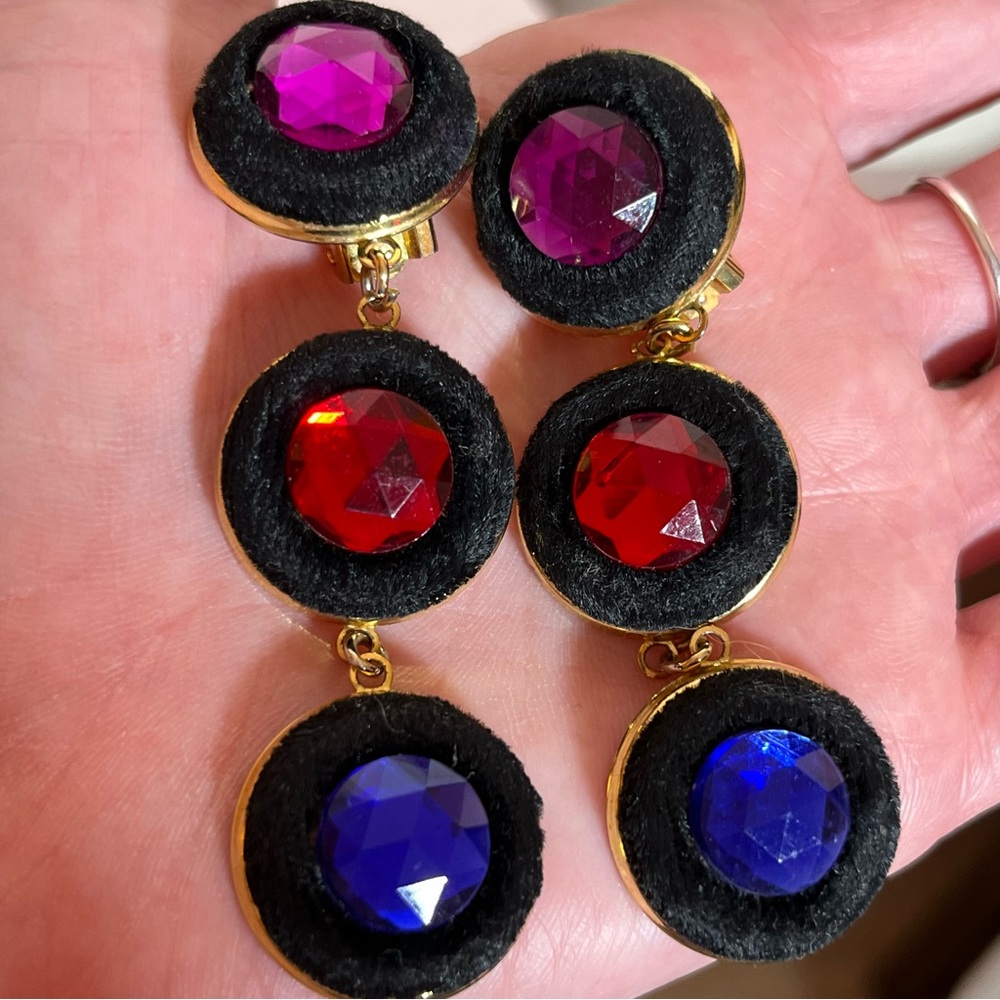 Vintage 1990 Retro Oversized Rhinestone red purple blue Maximalist Earrings